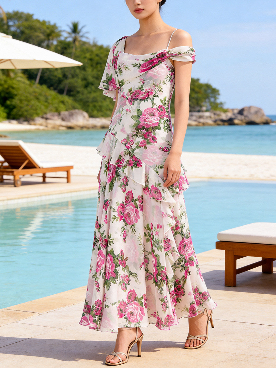 White Off-The-Shoulder Floral Printed Midi Dress Flowering Girl