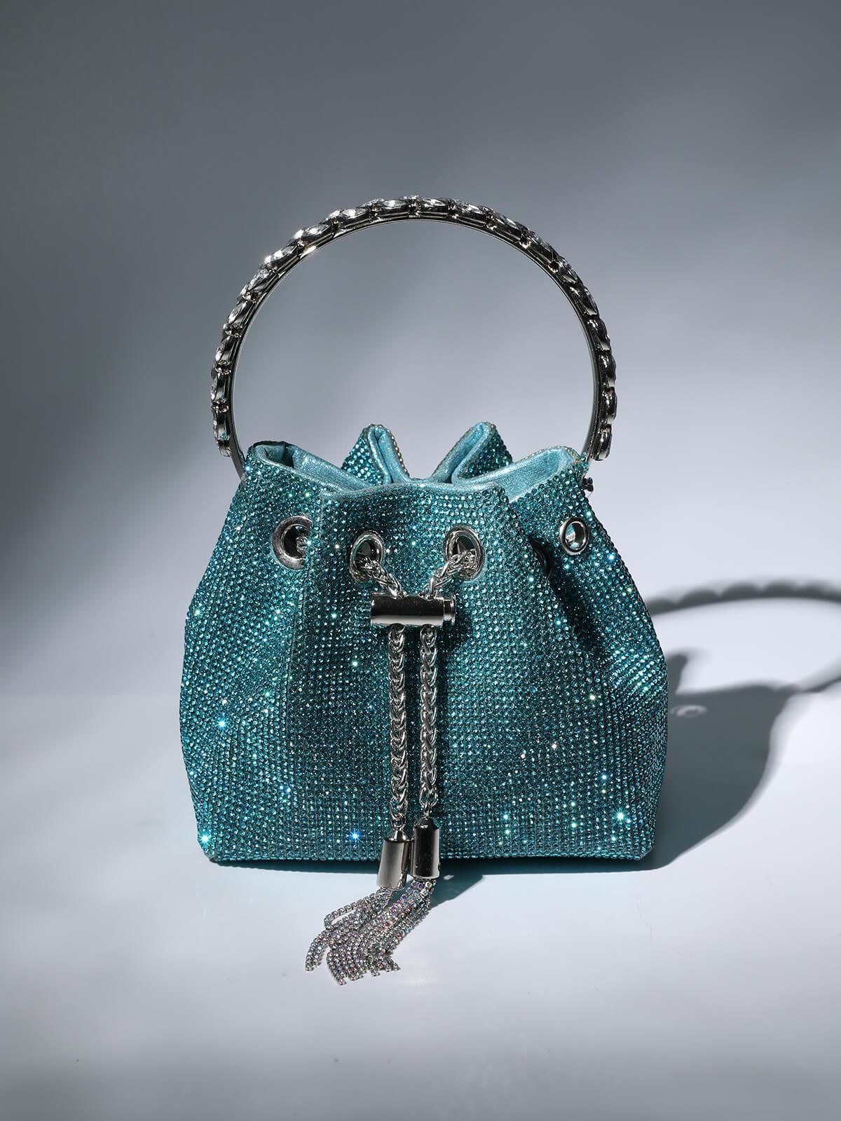 Crystal Embellished Bucket Bag In Blue Flowering Girl