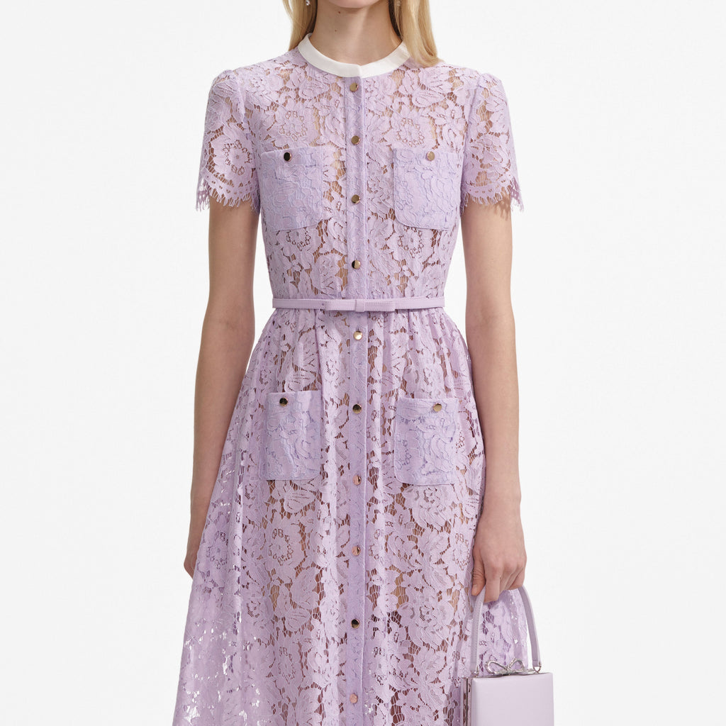 Lilac Lace Button Front Midi Dress Flowering Girl