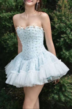 Irene Floral Print Strapless Tulle Mini Dress In Blue Flowering Girl