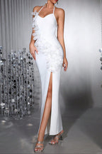 Anila 3d Floral Halter High Slit Maxi Dress In White Flowering Girl