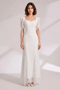 White Lace Floor-Length Dress with Puff Sleeves Flowering Girl