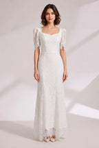 White Lace Floor-Length Dress with Puff Sleeves Flowering Girl