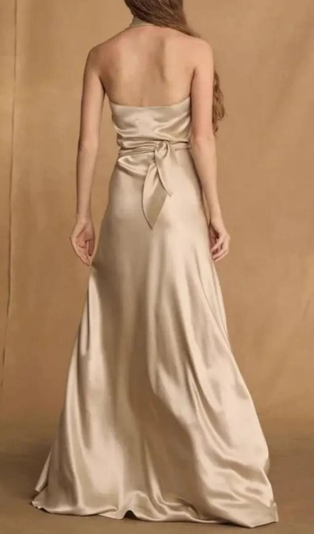 Kay Champagne Crepe Bias-Cut Satin Halter Maxi Dress Flowering Girl