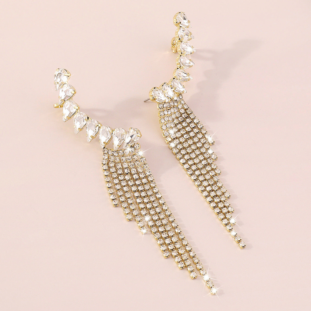 Gold Rhinestone Tassel Geometric Earrings Flowering Girl