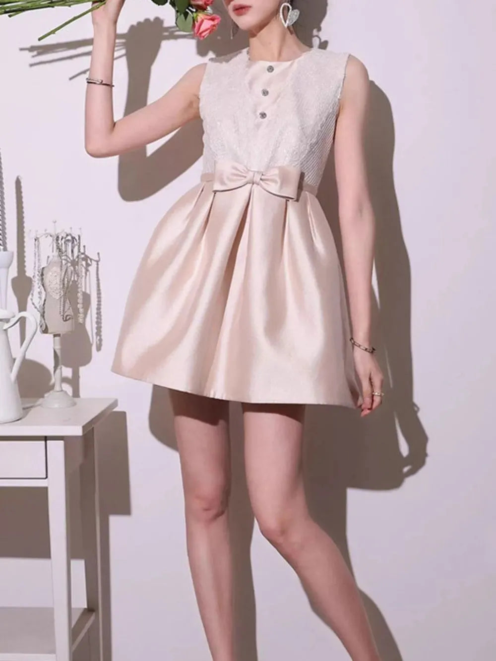 Malha Sleeveless Bow Lace Mini Dress Flowering Girl