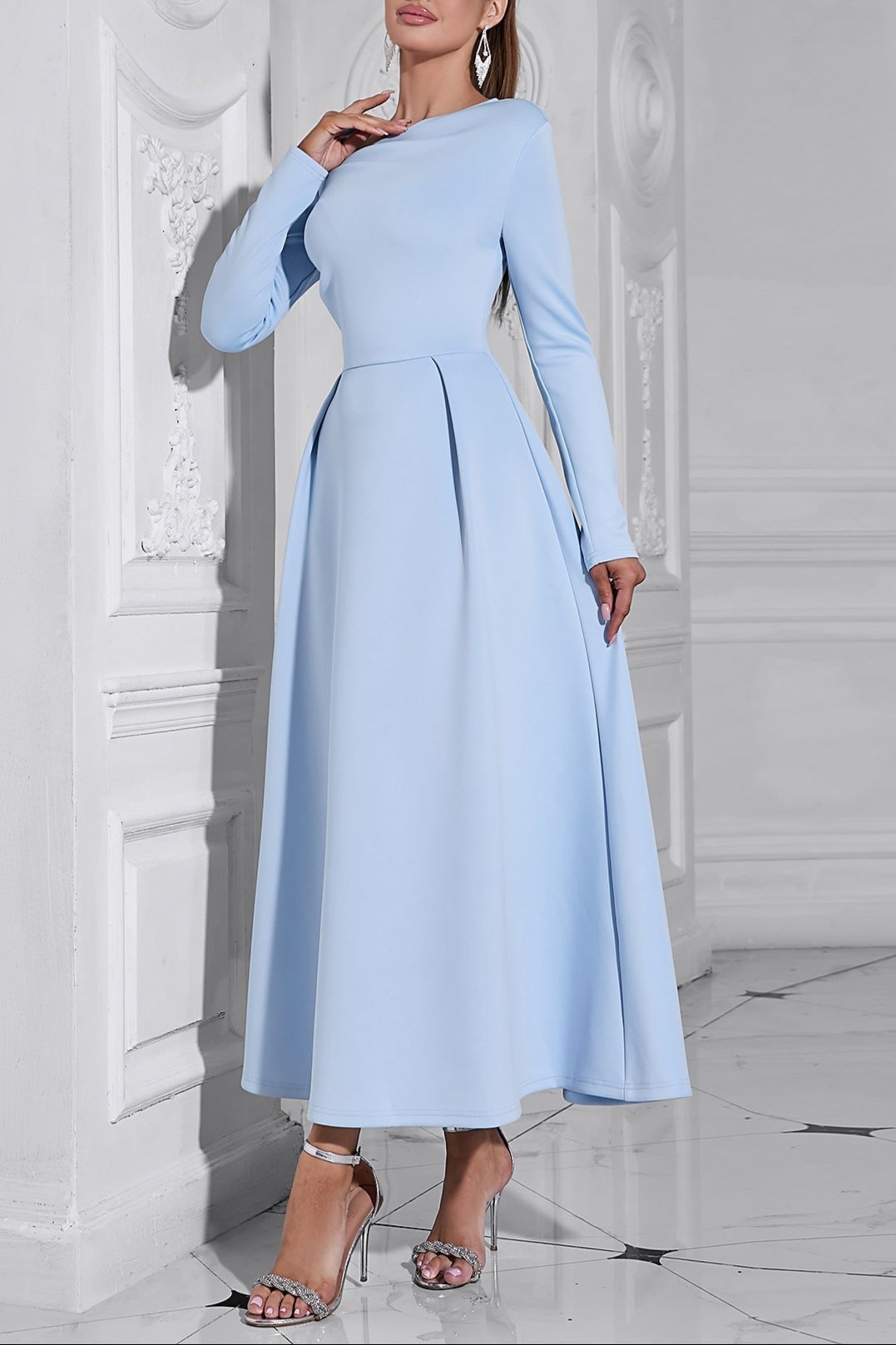 Long Sleeve Satin a-Line Maxi Dress In Blue Flowering Girl