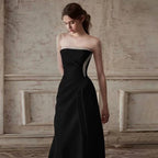 Mermaid Ruched Strapless Beading Black Prom Dress Flowering Girl