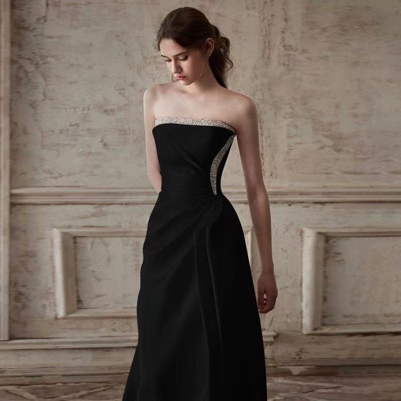 Mermaid Ruched Strapless Beading Black Prom Dress Flowering Girl