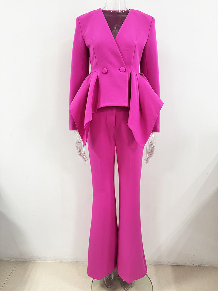 Audith Ruffled Blazer Two Piece Set - Pink Flowering Girl