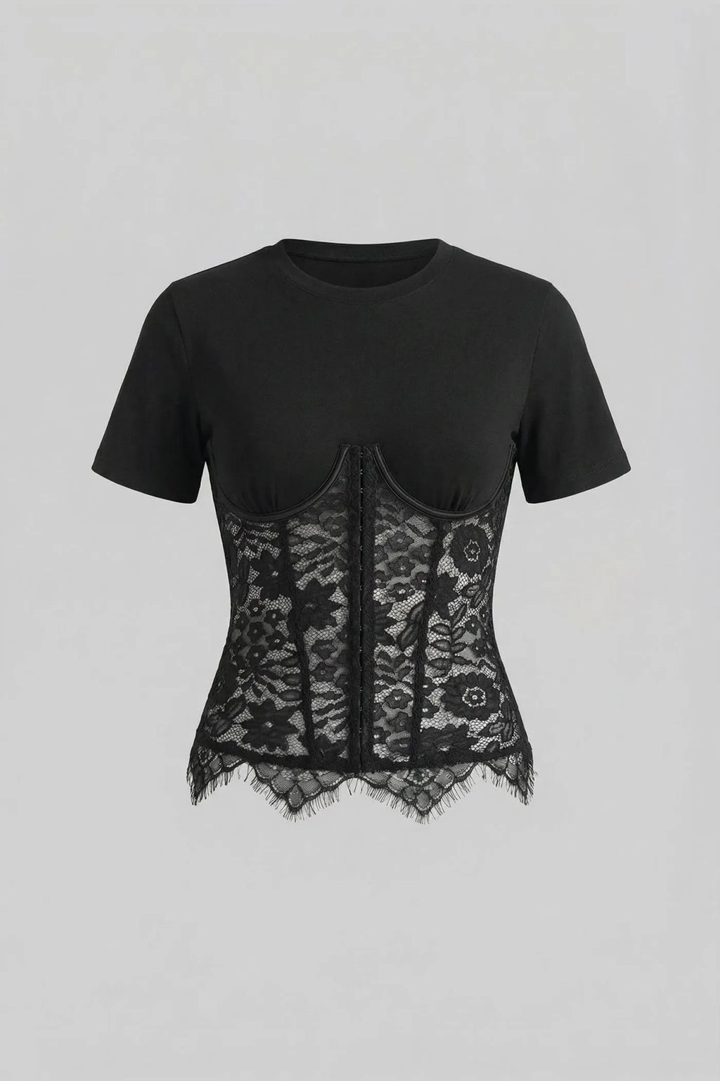 Black Spliced Floral Lace Corset Short Sleeve T-shirt Flowering Girl