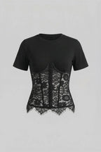 Black Spliced Floral Lace Corset Short Sleeve T-shirt Flowering Girl