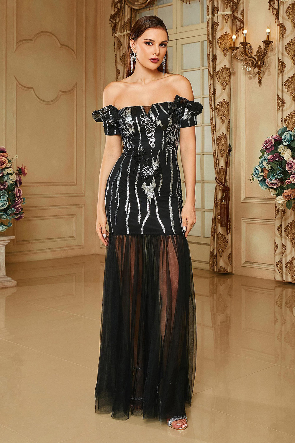 Bodycon Off The Shoulder Long Prom Dress In Black Flowering Girl