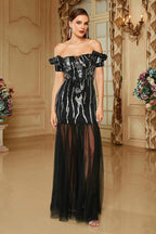 Bodycon Off The Shoulder Long Prom Dress In Black Flowering Girl