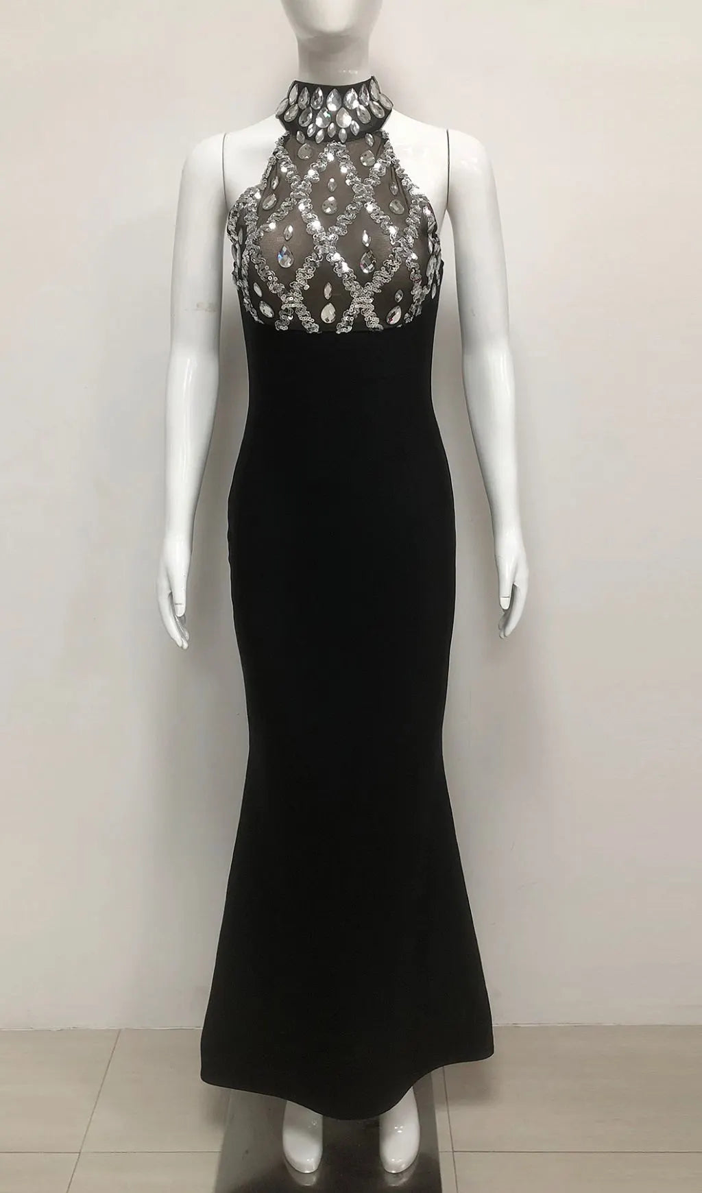 Iwao Black Halter Rhinestone Maxi Dress Flowering Girl