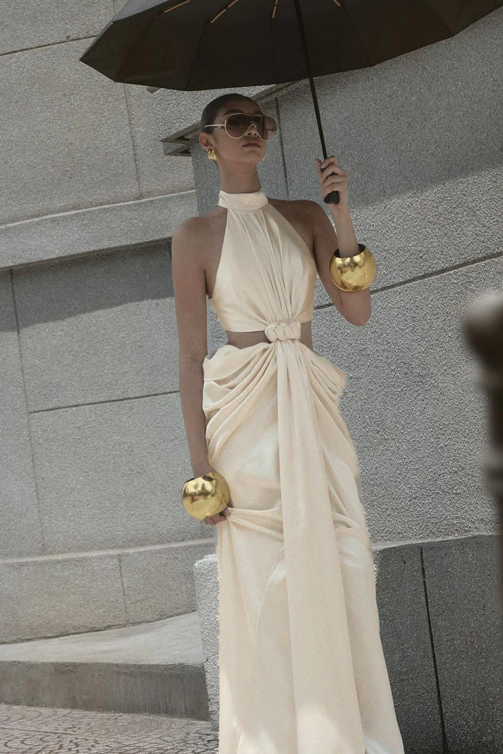 Stephanie Cutout Waist Halter Maxi Dress In Beige Flowering Girl