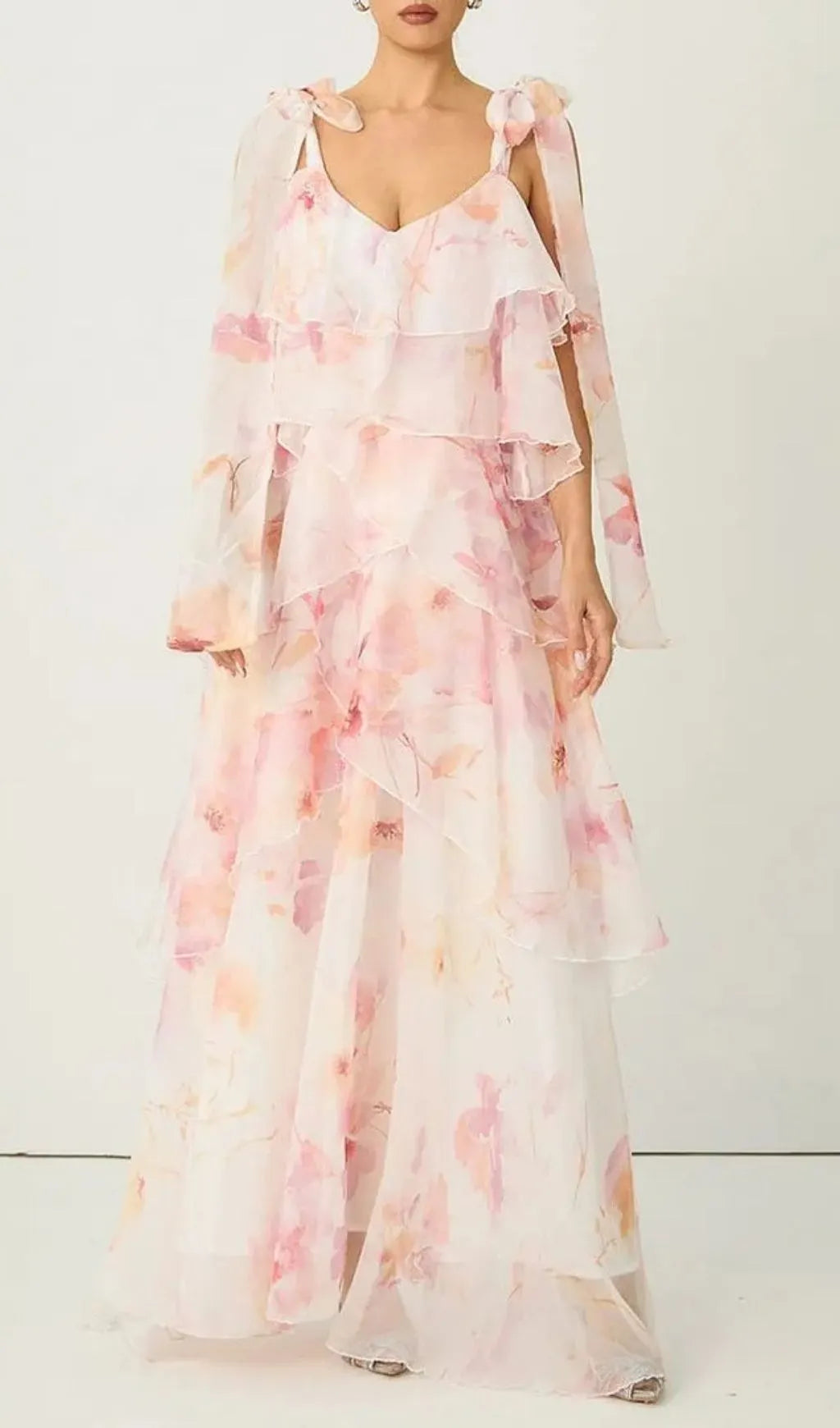 Beverly V-Neck Spaghetti Strap Chiffon Maxi Dress - Pink Flowering Girl