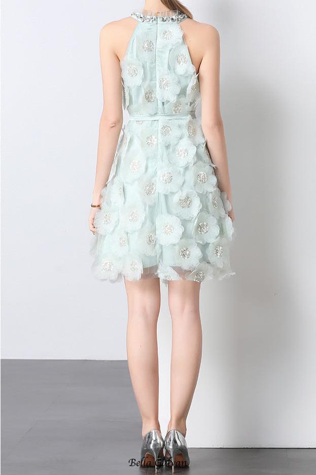 chloe rhinestone 3d flower mini dress in mint Flowering Girl