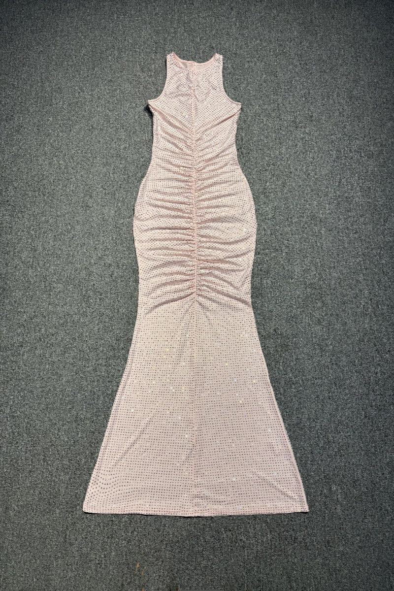 Hollow Mesh Rhinestone Sleeveless Maxi Dress In Pink Flowering Girl