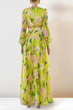 V-Neck Silk Printed Pleated Maxi Dress In Yellow Flowering Girl