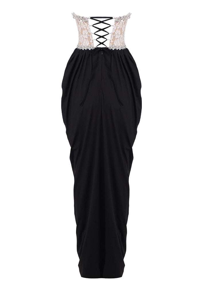 Sharon Lace Beaded Embellished Strapless Maxi Dress In Black Flowering Girl