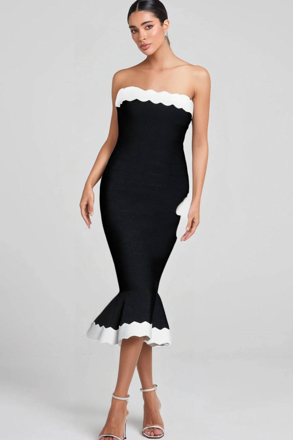 Strapless Bandage Bodycon Midi Dress In Black Flowering Girl