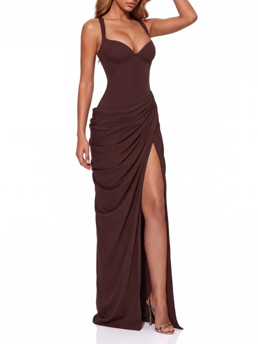 Keldrax Lace Up Ruched Split Maxi Dress Flowering Girl