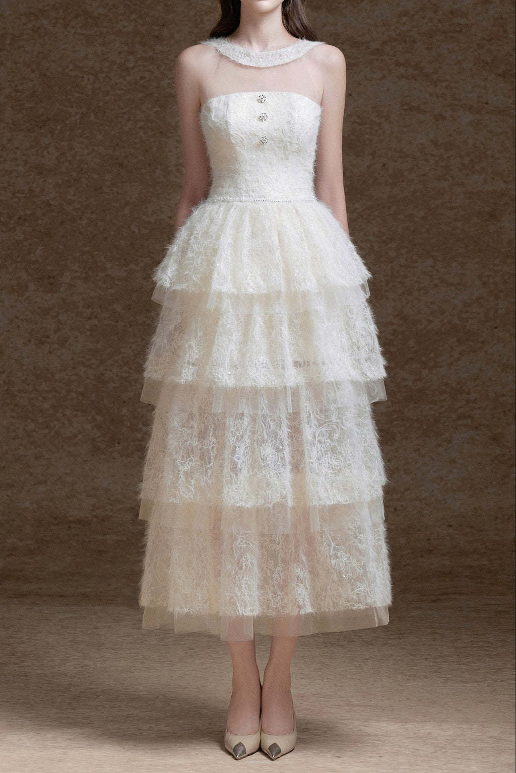 Alison Mesh Stitching Layer Dress In White Flowering Girl