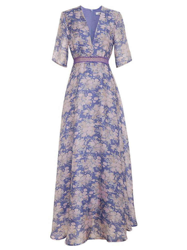 Purple Floral Printed V-Neck Maxi Dress Flowering Girl