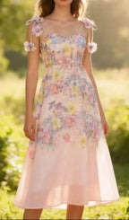Pastel Floral Print Spaghetti Strap Midi Dress With 3D Flower Appliqués Flowering Girl