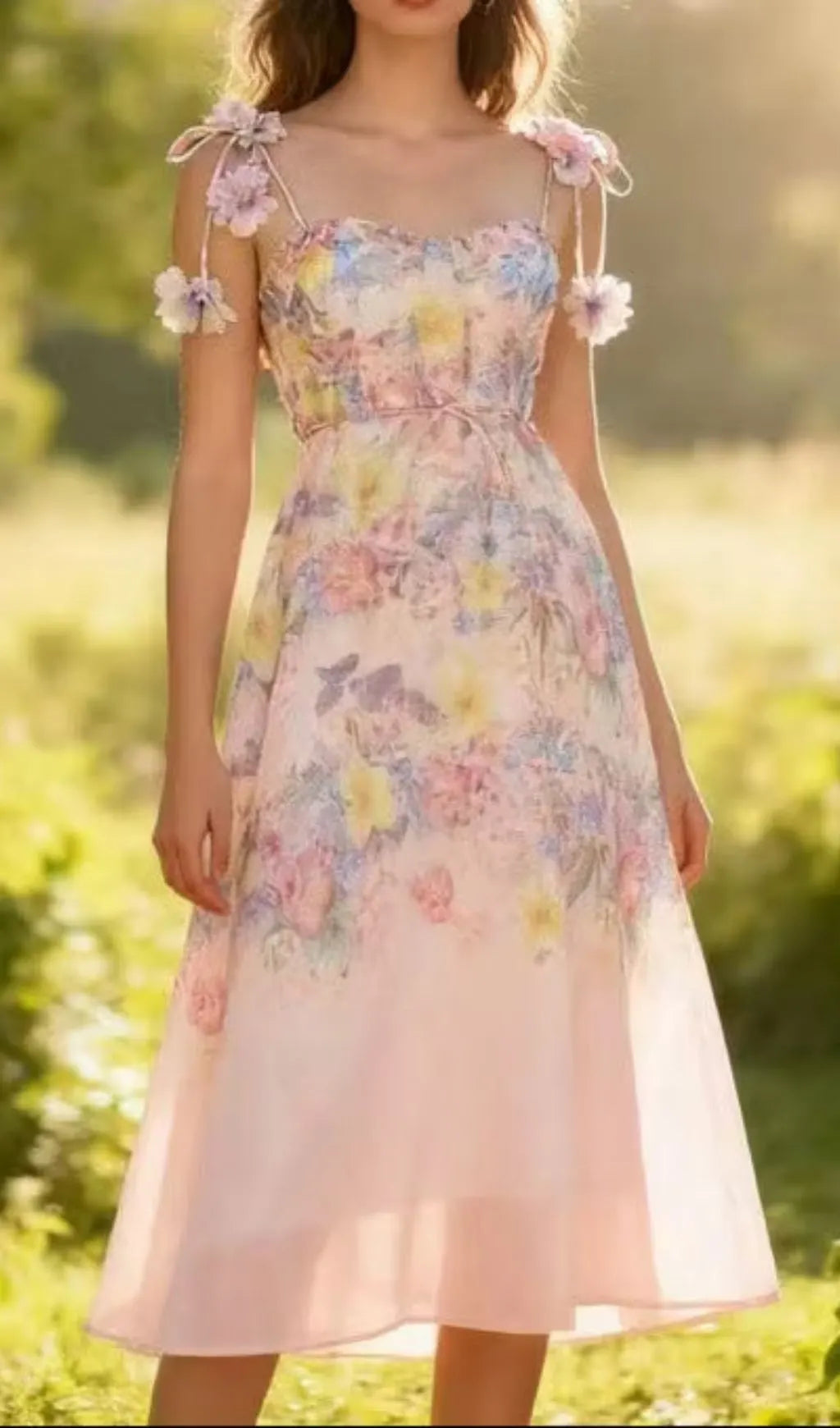 Pastel Floral Print Spaghetti Strap Midi Dress With 3D Flower Appliqués Flowering Girl