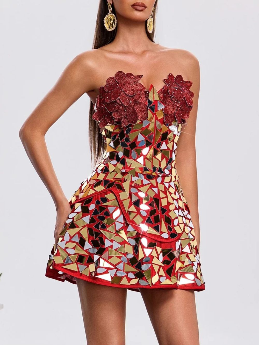 Hatsuko Strapless Acrylic Flower Mini Dress Flowering Girl