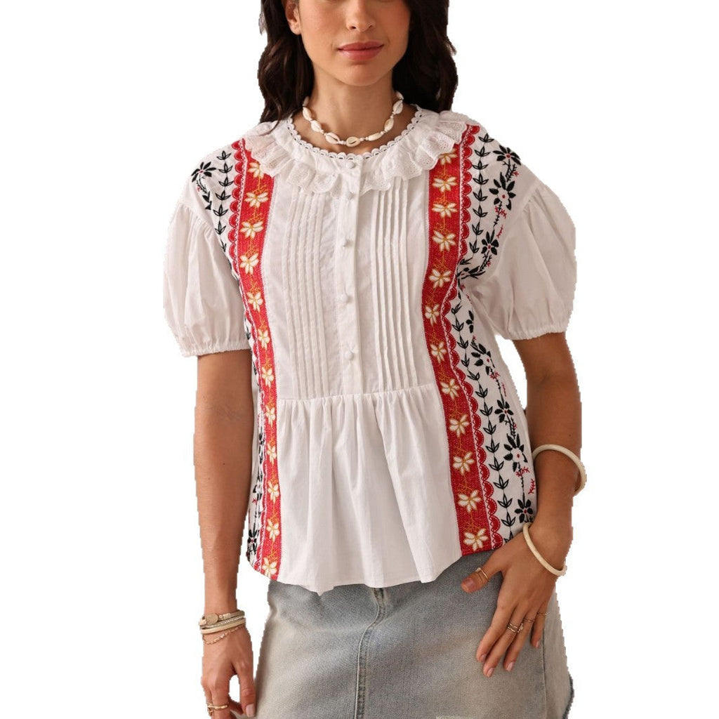 Embroidered Cotton Short-Sleeved Lace Hollow Button Top Flowering Girl