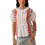 Embroidered Cotton Short-Sleeved Lace Hollow Button Top Flowering Girl