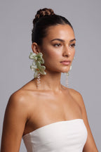 Light Green Organza Floral Crystal Tassel Drop Earrings Flowering Girl