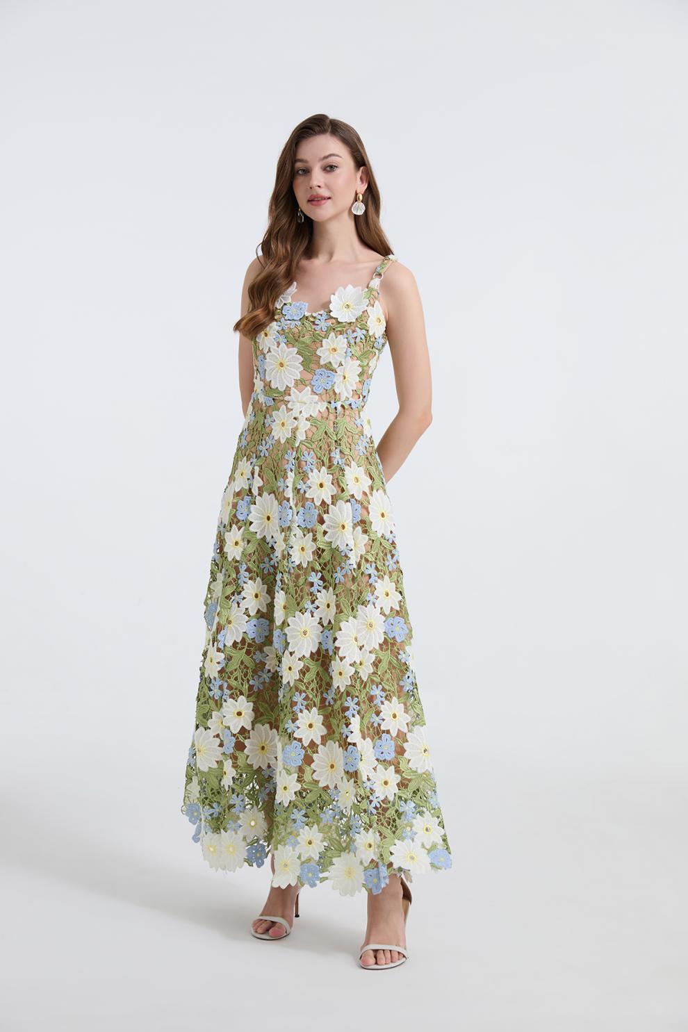 celeste floral hollow stitching maxi dress in green Flowering Girl