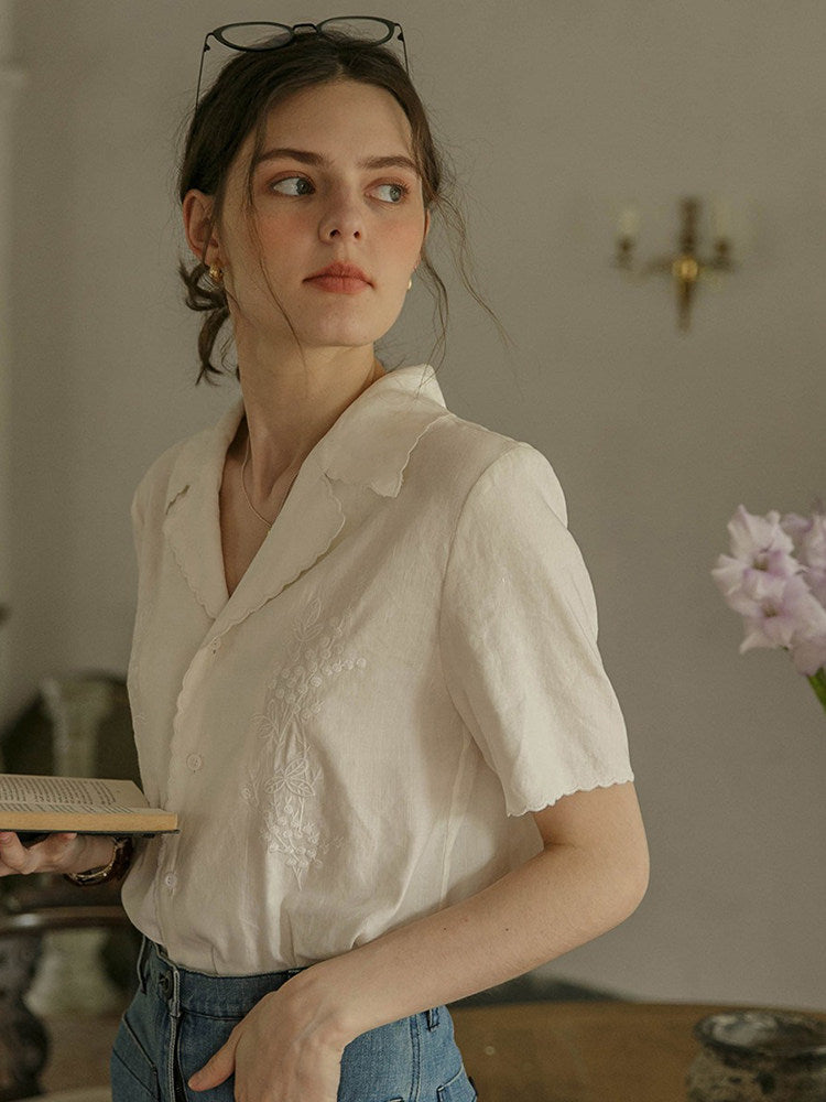 White Embroidered Lace Short Sleeve Shirt Top Flowering Girl