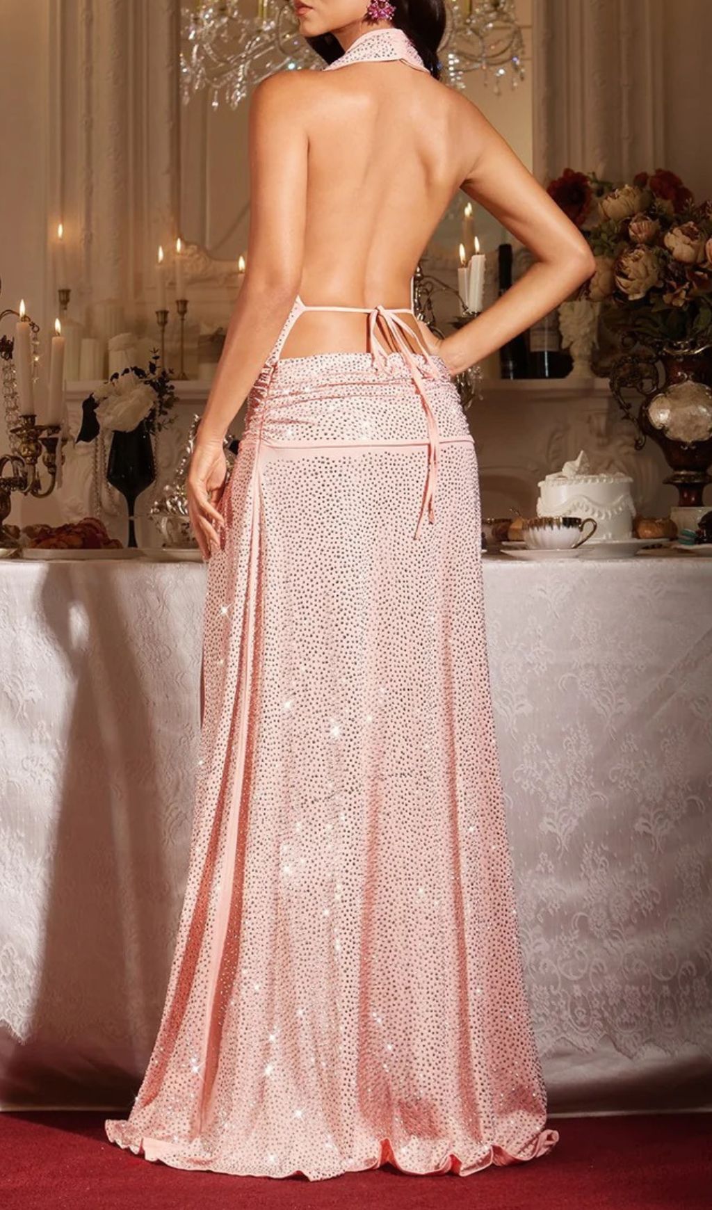 Fima Plunge Neck Rhinestone Maxi Dress Flowering Girl