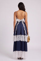Navy Spaghetti Strap V-Neck Tiered Lace Fringe Maxi Dress Flowering Girl