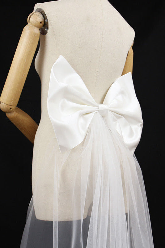 Oversized White Satin Giant Back Bow with Long Sheer Tulle Train Sash Flowering Girl