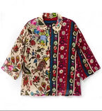 Multicolor Folk Floral Print Three-Quarter Sleeve Button-Down Shirt Flowering Girl