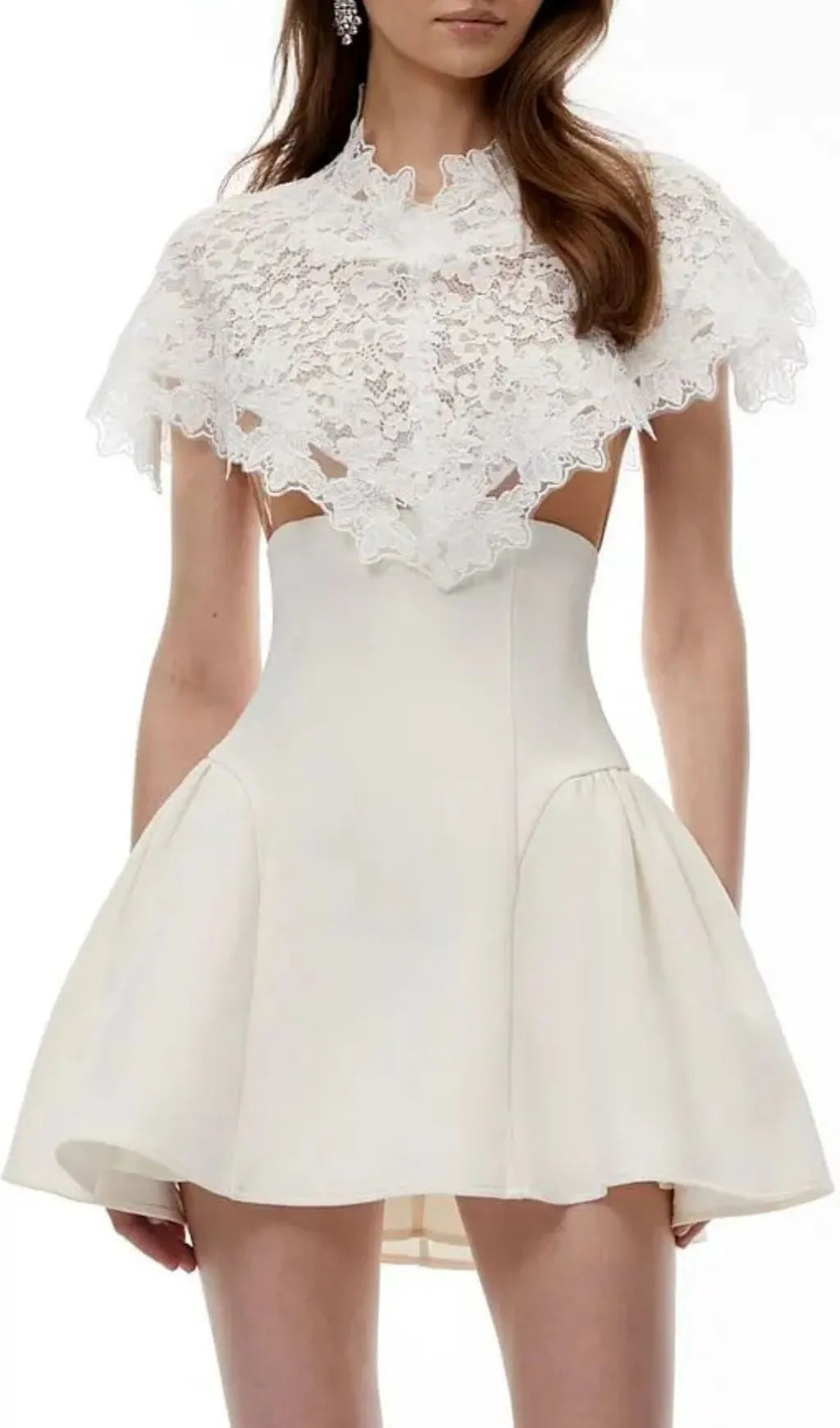 Mandana White Lace Mini Dress with Cape Flowering Girl