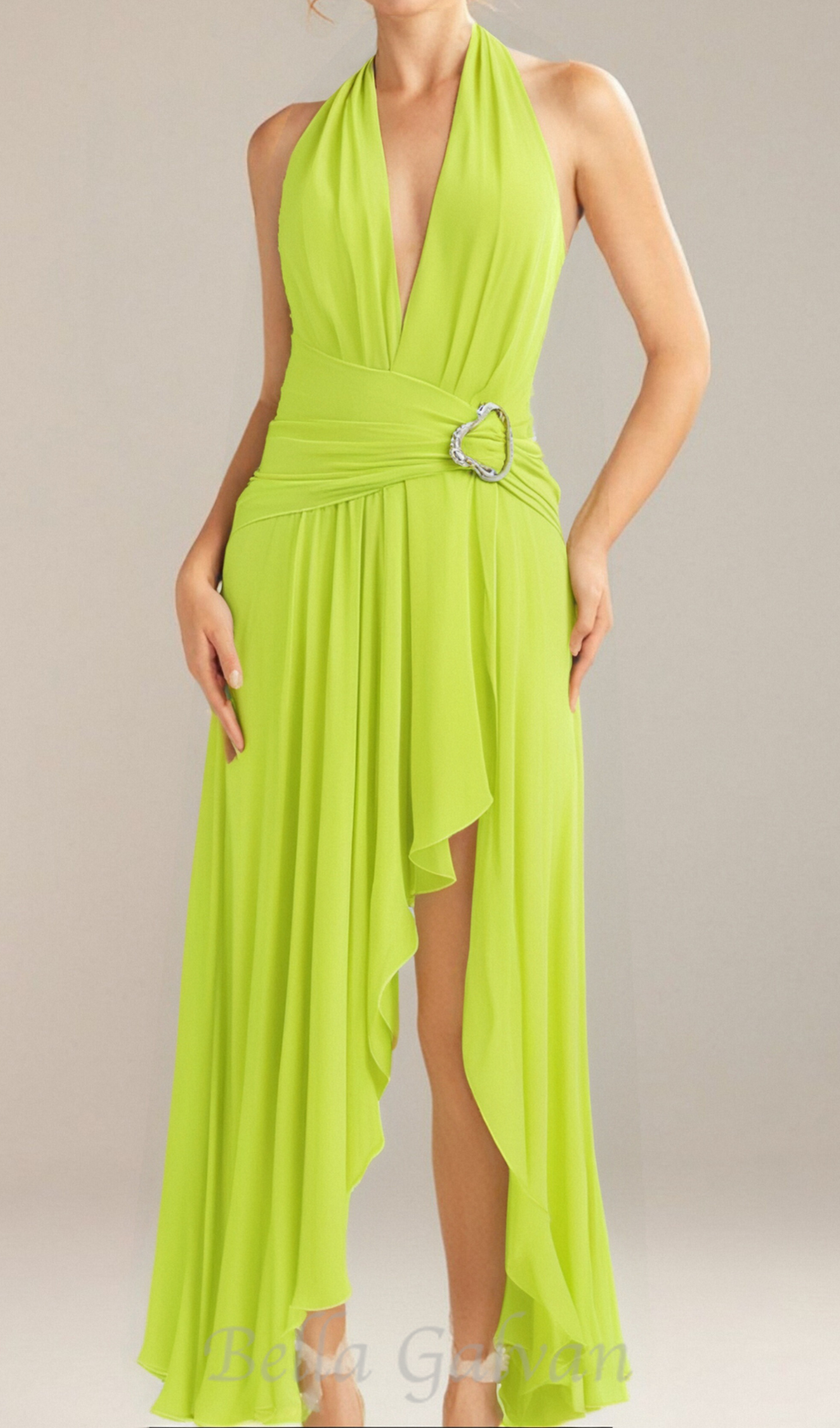 maéva halter neck slit plunge neck maxi dress in green Flowering Girl