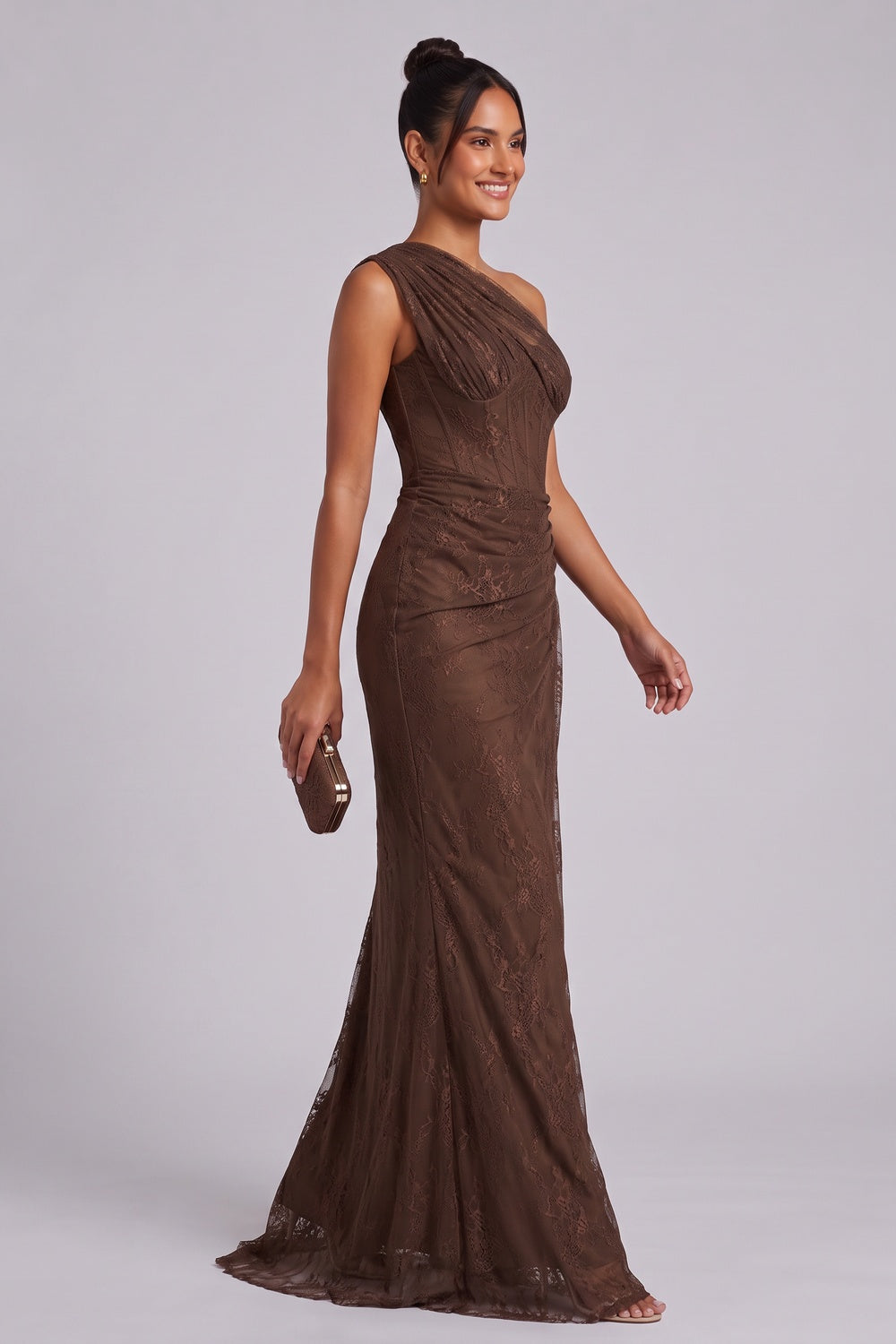 Chocolate Brown Floral Lace Column Gown Flowering Girl
