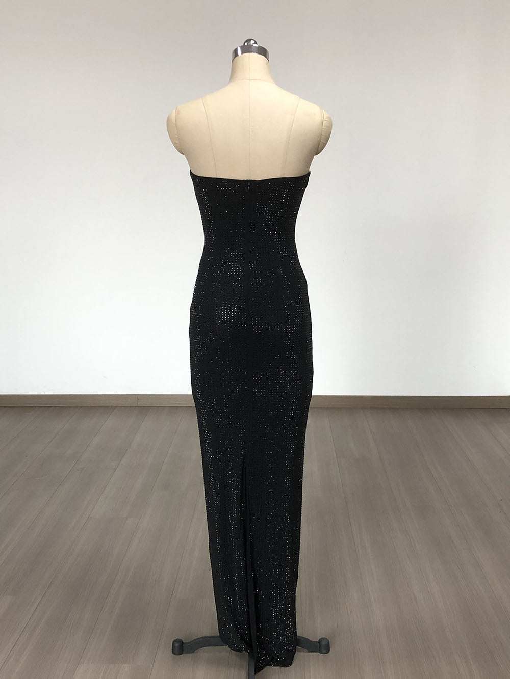 Strapless Rhinestone Rose Maxi Dress In Black Flowering Girl