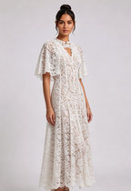 White Floral Lace A-Line Midi Dress with Keyhole Neckline Flowering Girl