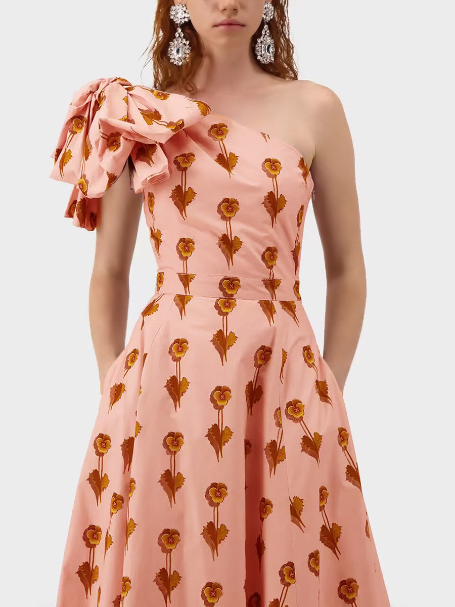 Pink Printed Bows Slanted Shoulders Dress Flowering Girl