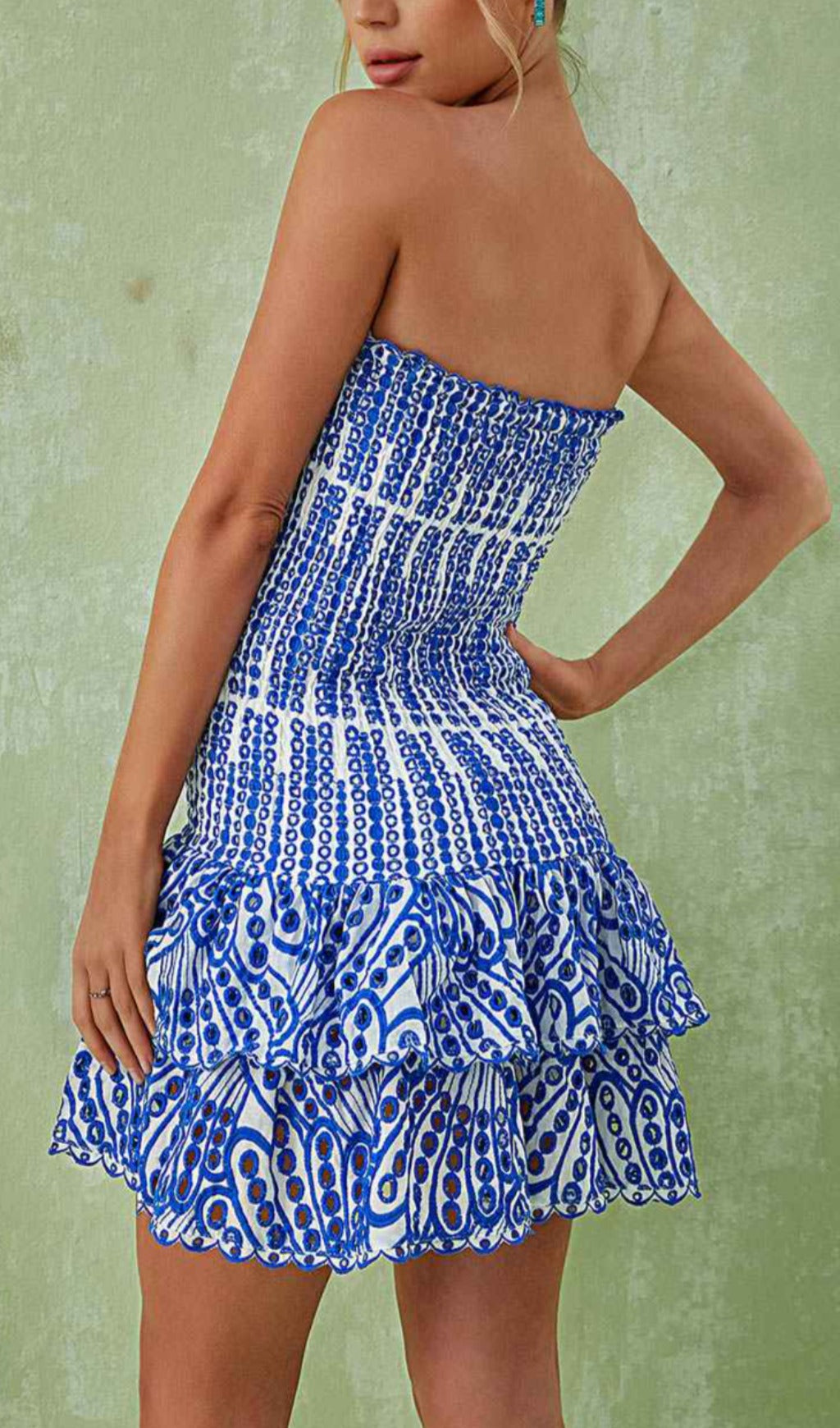Strapless Ruffle Mini Dress In Blue Flowering Girl
