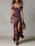 Purple Urban Nomadic Leopard Print Floral High-slit Maxi Dress Flowering Girl