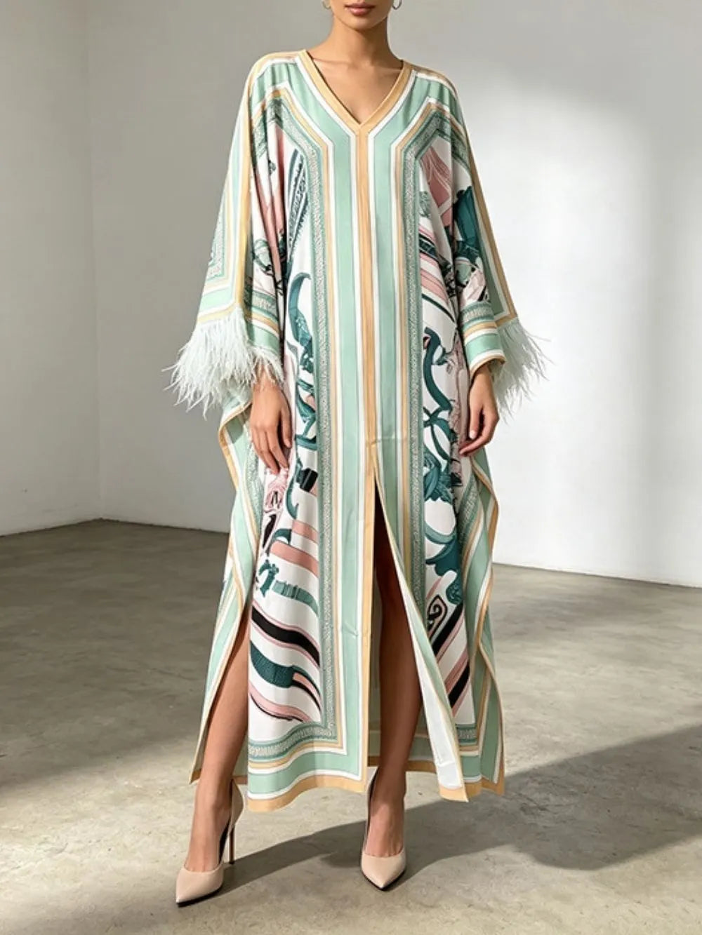Marlie Printed Long Sleeve Feather Maxi Dress Flowering Girl